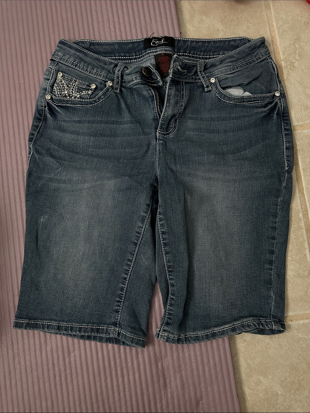 Earl Jeans Dark Blue Denim Knee-Length Shorts with Rhinestone Pocket